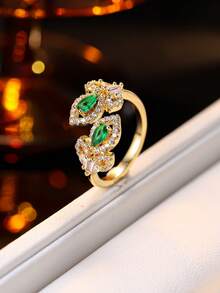 1枚奢华简约双叶水滴形锆石镶嵌独特设计戒指，适合日常佩戴 - 開口戒指 - 查看 9