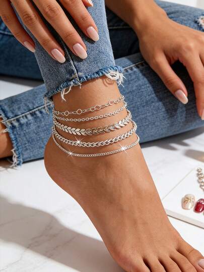 女士五件套叠层脚链套装，银色波西米亚风树叶和心形吊坠脚链，防水沙滩脚链，适合夏季度假、派对和日常佩戴