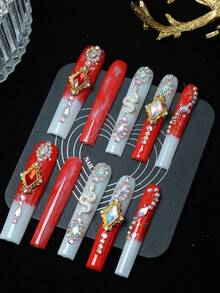 CrystalHola Handmade Coffin-Shaped Nails, Y2K Style Nails, Spring/Summer, Red & White Color With Rhinestones, Metallic Snakes, Ombre, French Tips, Pure Handmade Nails. Suitable For Women And Girls. 10 Pieces/Set, 3 Sizes. Fits Parties, Weddings, And Daily Wear. Includes Tools. Great Gift For Ladies' Nail Supplies. - Multicolor - View 14