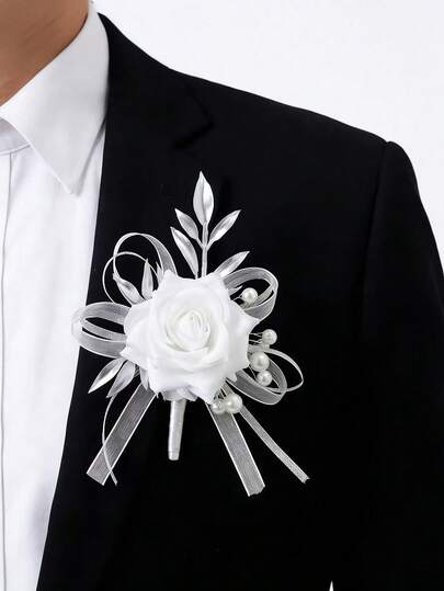 1pc White Artificial Rose Flower Brooch & Wristband, Elegant High-End Pearl Decor Pearl Bracelet, Suitable For Bride, Groom, Bride's Parents, Groomsmen, Bridesmaids, Graduation Ceremony, Engagement, Wedding, Festivals And Parties. Ideal For Decorating Wedding Gowns, Suits And Evening Dresses, Wedding And Party Supplies.