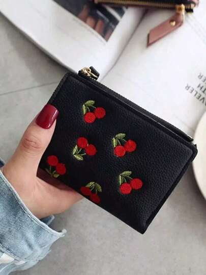 1pcs Women's Vertical Snap Cherry Embroidered Compact Minimalist Small Wallet, PU-Resistant Lightweight Cash Holder, Great Girlfriend