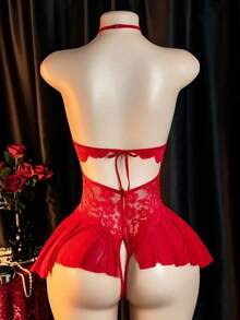 Red Lace High-Neck One-Piece Dress With A Back-Opening Design - Accessory A Date. - Red - View 3