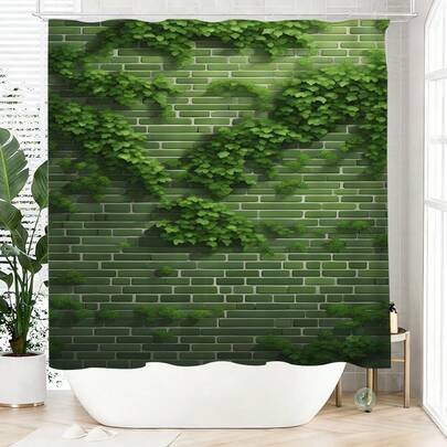 1件砖墙绿藤植物图案浴帘，涤纶材质，防水不遮光，适合家居和浴室装饰，配有12个挂钩