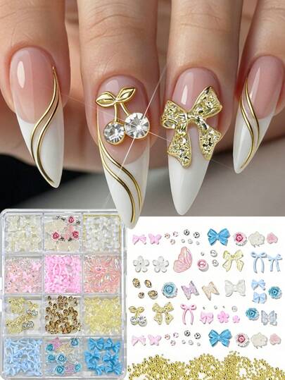 12 Slots Luxury Shiny Mixed Metal Alloy Bow & Sakura Nail Art Decorations - Beads, Bows, Flowers, Butterflies, Gems For Nail Salon, Home, Office, Party, Suitable For Women, Girls, DIY, Summer, Spring, Holiday, Wedding, School - Random Styles