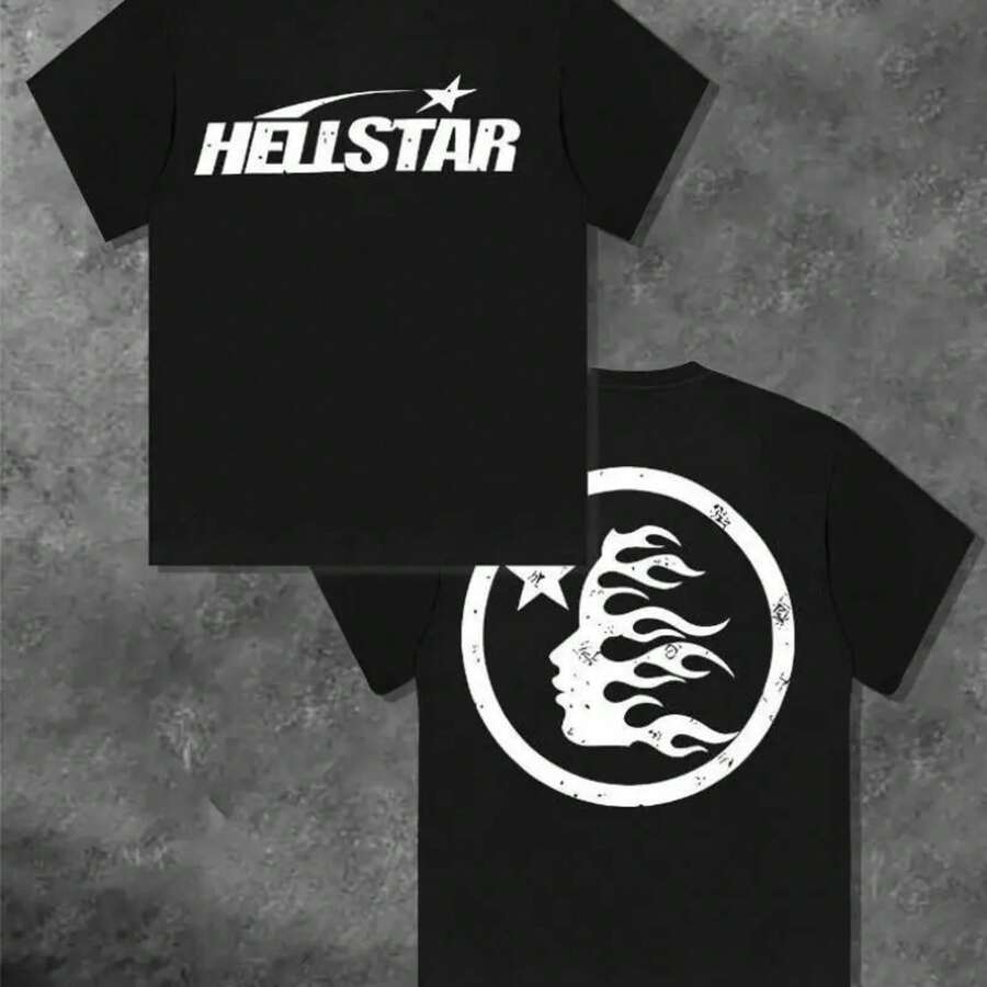 100%25 Cotton Double-Sided Printed Hell Star Pattern T-Shirt, High-Quality Printed T-Shirt, Men's Round Neck Short-Sleeved Top, Casual T-Shirt Spring And Summer Clothing - 黑色 - 查看 1