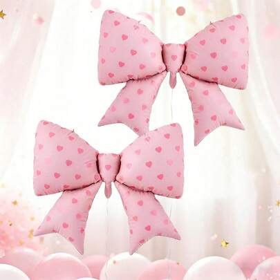 1pc/2pcs Pink Bow Foil Balloons With Magenta Heart Print, Suitable For Room Decor, Birthday Party, Anniversary, Atmosphere Decoration