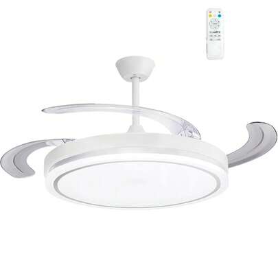 Retractable Fan With 30W DC Motor, 36W Light, Silent DC130 Motor, 6 Speeds, White, Remote Control, 3 Color Temperatures OstarkDom-LEDUNI