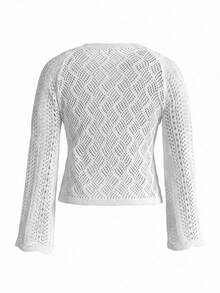 Women's Elegant Hollow Mesh Long Sleeve Beach Cover Up Cardigan - White - View 2