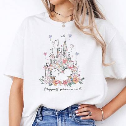 100% Cotton Black T-Shirt,  Floral Vacation Pattern T-Shirt, The Most Magical And Happiest Place On Earth  T-Shirt, Unisex