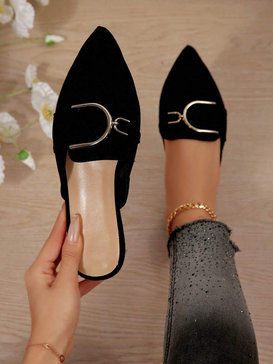 Black Flat Mule Shoes With Metal Buckle Decor, Pointed Toe Slip-On Backless Loafers For Women, Casual Elegant Comfortable Office Commute Minimalist Shoes, Spring Autumn - Black - View 1