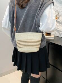 Bolso de cubo tejido de paja de estilo vacacional de moda, bolso de hombro cruzado versátil de gran capacidad para mujeres - Blanco - Ver 2