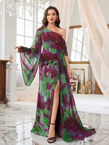 SUPGIR 【随机剪裁】不对称领口、喇叭袖、不对称肩部、侧褶、雪纺拼接、系腰晚礼服 - 彩色 - 查看 3