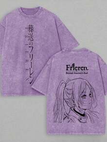 Plus Size Anime Oversize Washed T-Shirt, Frieren Anime T-Shirt, Vintage Wash Graphic Tee, Manga Streetwear,Retro And Vintage Style, Gift For Him,Gift For Her,230g 100 Cotton,Mens T Shirt - Màu tím - Xem 1