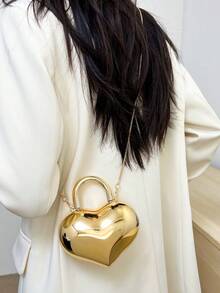 女士新款时尚奢华香槟金心形亚克力硬壳手拿包，带金属链的便携式单肩包 - 香檳色 - 查看 5