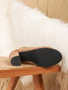 女士时尚百搭高跟镂空凉鞋踝靴，粗跟，休闲，适合派对、假日穿着，圆头，舒适透气，杏色罗马鞋，春夏款 - 杏色 - 查看 5
