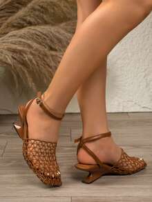 Sandal cao gót mũi vuông thoáng khí bằng lưới dành cho nữ, sandal xỏ ngón liền thân màu nâu cho mùa hè - màu nâu - Xem 3