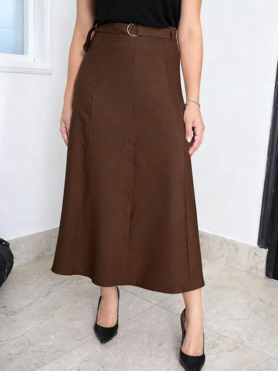 Long Skirt With Tie Belt. Zipper. With Belt. - 咖啡棕 - 查看 1