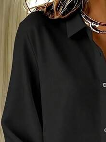 Basic Casual Plus Size Women's Long Sleeve Lightweight Button-Up Shirt Black - Black - View 5