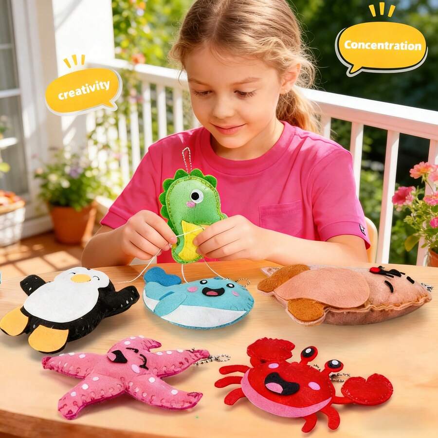 6-Piece Kids Sewing Kit, DIY Animal Ornaments Craft Set With Safety Plastic Needles, Creative Christmas Birthday Halloween Gift For Girls & Boys Ages 3-8 - One Set (6 Marine Life Patterns) - View 1