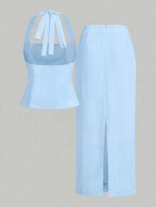 French Elegant Casual Square Neck Backless Top & Straight Skirt Two Pieces Women Summer Set - Blue - View 7