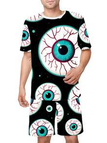 Ensemble de pyjama d'été pour hommes avec imprimé graffiti, composé d'un t-shirt doux et respirant à col rond et d'un short avec taille élastique. Vêtements de nuit confortables, vêtements de détente décontracté, un cadeau idéal pour un mari ou un petit ami. - Couleurs mélangées - Voir 5