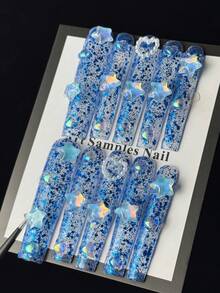 10片装高端奢华风格美甲贴，手工绘制立体星星、爱心和闪亮蓝色亮片，适合出席重要宴会、生日派对、家庭聚会和节日活动。 - 藍色 - 查看 3
