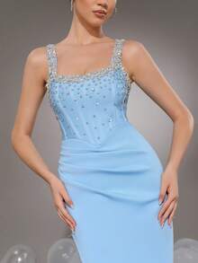 Modphy Sexy ärmelloses, stark verziertes Strass-Plissee-Maxikleid mit Schlitz, trägerlos, elegantes Damen-Party- und formelles Abendkleid - Babyblau - Übersicht 3