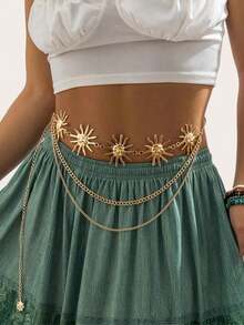 1pc Women's Fashionable Gold Metallic Sunflower Chain Waist Belt, Casual Tassel Flower Body Chain Accessory Fall, Autumn, Halloween - 金子 - 查看 12