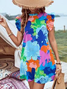 Đầm nữ Feifei Princess phong cách Thái casual, tay bèo, họa tiết hoa nhí, một túi, đầm hoa mùa hè đi du lịch thanh lịch - Màu xanh lam rực rỡ - Xem 4