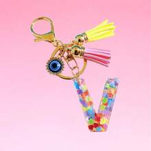 1pc Bohemian Evil Eye Resin A-Z Letter Keychain, Cute Heart Sequin Epoxy Letter Keyring Decoration Accessory, Unisex Fashion Minimalist Accessory For Wallet, Backpack, Car, Suitable For Daily Travel, Holiday Gift For Friends - Color - View 24