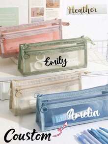 1pc Personalized Transparent Large Capacity Pencil Case, Fashion Minimalist Pencil Bag, High Capacity Nylon Mesh Breathable Pencil Pouch, Exam/Student Stationery Bag, Mesh Pencil Storage Bag, Minimalist Student Supplies Box, Back To School Study Essentials - Multicolor - View 1