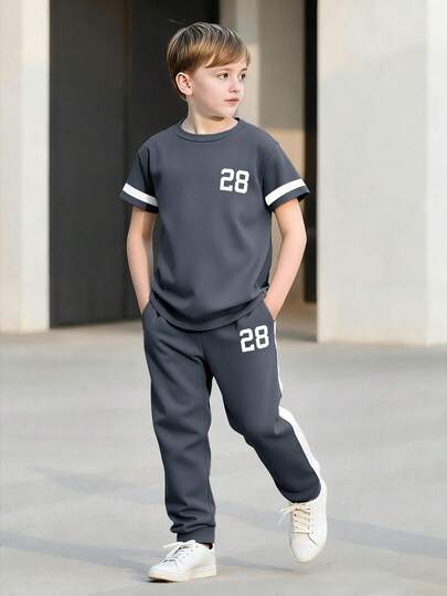 Boys' Spring/Summer 2-Piece Set, Numeric Striped Print Round Neck T-Shirt And Casual Pants, Comfortable And Versatile Outdoor Sports Outfit