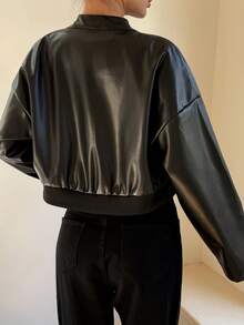 Women's Fashion Short Baseball Jacket, Stand Collar Long Sleeve, Zipper Detail, Printed "NEW YORK", Casual Outerwear - Black - View 3