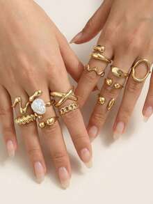 Bộ 12 chiếc nhẫn thời trang hình trái tim lỏng bất đối xứng đính ngọc trai, thích hợp cho nữ giới đeo hàng ngày, làm quà tặng. - Vàng - Xem 1