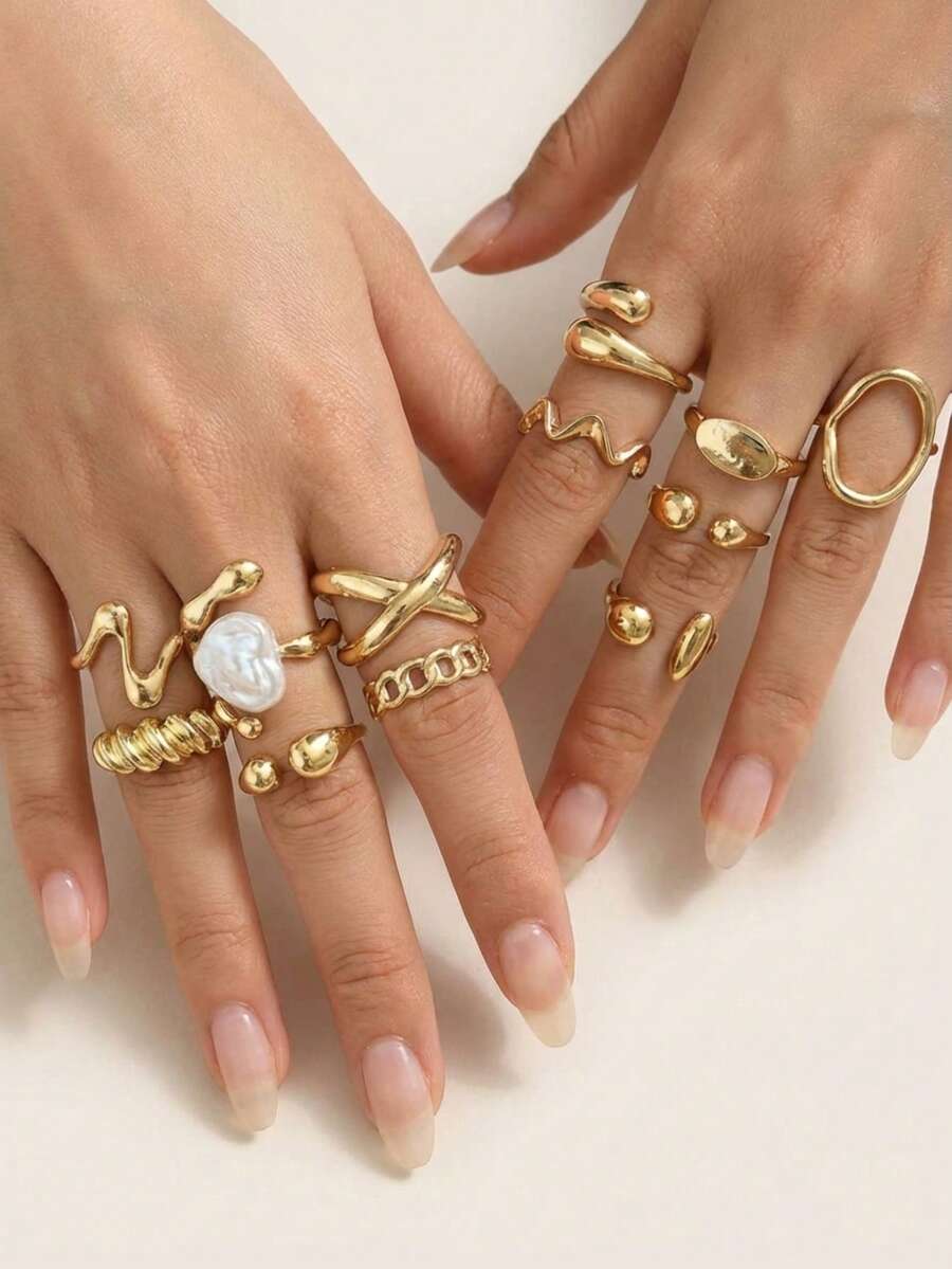 Bộ 12 chiếc nhẫn thời trang hình trái tim lỏng bất đối xứng đính ngọc trai, thích hợp cho nữ giới đeo hàng ngày, làm quà tặng. - Vàng - Xem 1