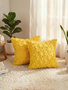 春夏奶油白向日葵抱枕套套装（1件），季节性农舍风格装饰黄色花朵爱心柔软毛绒仿毛皮提花靠垫套，适用于家居沙发 - 黃色 - 查看 5