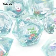 Asixsix 7 Pcs Blue Flowing Sand White Number Sharp Edge Resin Dice Polyhedral Dice Suitable For Role-Playing RPG Board Game - Apricot - View 5