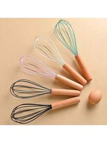 Wooden Handle Silicone Manual Egg Beater Whisk, Home Baking Cream Mixing Tool - Multicolor - View 2
