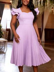 AOMEI Women's Elegant Purple Pleated A-Line Dress, Heart-Shaped Neckline, Layered Ruffle Sleeves, Mid-Length, Suitable For Wedding Guests, Parties, And Formal Events - Lilac Purple - View 8