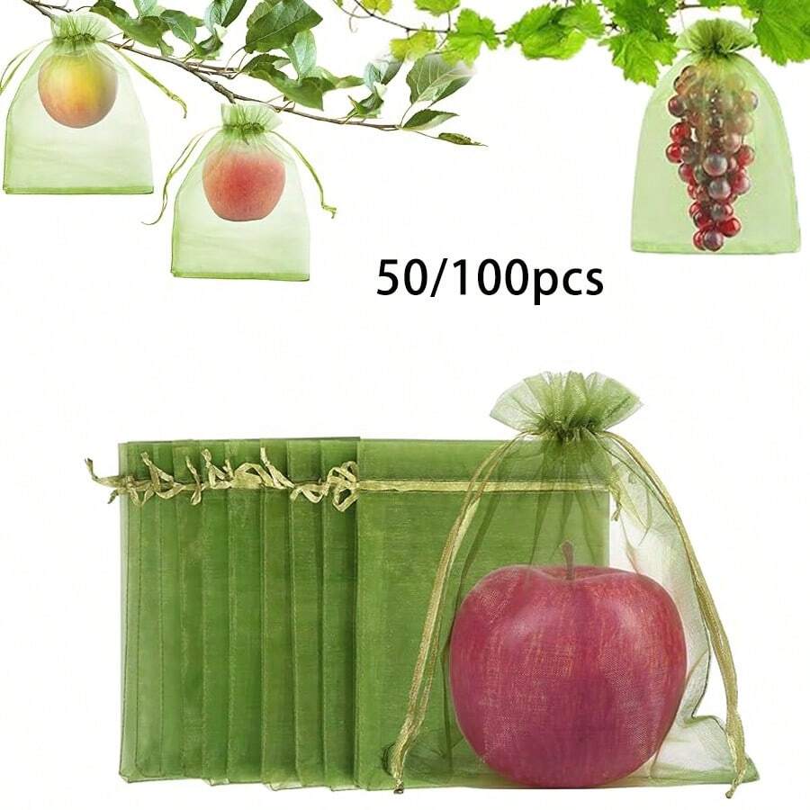 50/100 piezas Bolsas de protección de frutas, bolsas de malla verde con cordón, bolsas de aislamiento de frutas para prevenir insectos, adecuadas para uvas, manzanas, mangos y otras frutas, verduras, etc. - 50 pcs - Ver 1