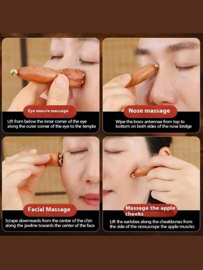 面部按摩器 - 一款木质传统中医穴位按摩器，专为改善眼袋、黑眼圈和敏感肌肤而设计。浅米色。这是一款传统中医护肤设备，配备面部和眼部按摩棒，适用于眼部护理和穴位按压。