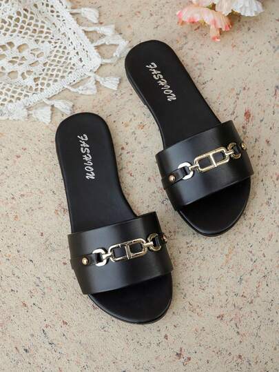 Women's Flat Sandals, Black Strap Slide Sandals With Metal Chain Decor, Summer Beach Casual Open Toe Flat Sandals