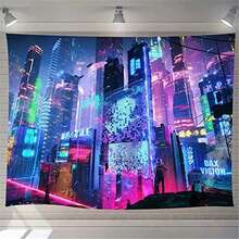 Cyberpunk Neo Futuristic Poster Tapestry  Fantasy City Cyberspace Neon "Good Vibes Only" Art Game Room Kids Bedroom - 多色 - 查看 5