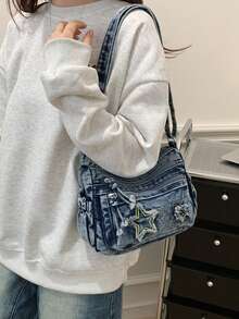 牛仔休闲帆布斜挎包，星形图案单肩包，复古方形包，时尚百搭学生包 - 藍色 - 查看 9
