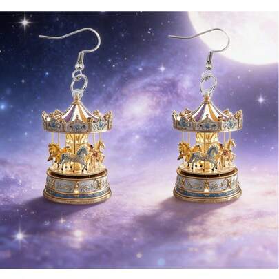 复古旋转木马游乐园耳环，3D立体旋转木马亚克力吊坠耳环，适合日常佩戴的游乐场饰品