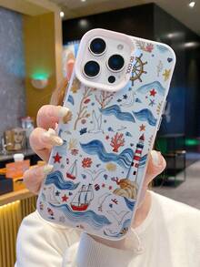 1pc Fashion Wave Boat Star Graphic Design With Independent Button IMD Shockproof Anti-Slip White Phone Case Compatible With IPhone 16 ProMax/16/16 Pro/16 Plus/15/15 ProMax/15 Pro/11/12/13/14 ProMax/11 Pro/11 ProMax/12 Pro/12 ProMax/13 Pro/13 ProMax/14 Pro/14 ProMax, Elegant Creative - Multicolor - View 2