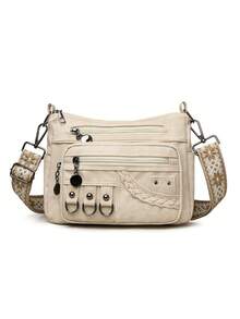 Bohemian Rivet Decor Large Capacity PU Shoulder Bag, Suitable For Work, Daily Use, Commuting, Travel And Shopping - White - View 5