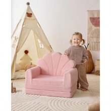 Blissful Diary Sofá para niños 2 en 1 suave para niños pequeños plegable silla para niños pequeños cómoda sofá convertible para tumbona muebles para niños para sala de juegos regalo para - Concha rosa rosa - Ver 2