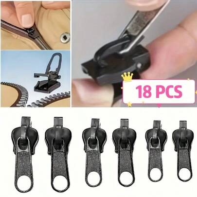 18pcs Zipper Repair Tool Kit, With Detachable & Reusable Zipper Pulls, 3 Sizes, Black, Suitable For Instant Zipper Repair On Clothing, Bags And Various Scenarios