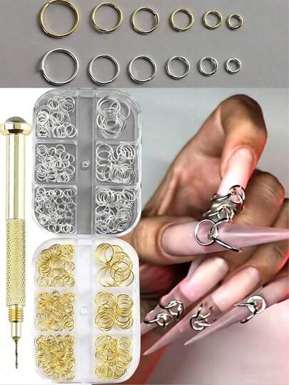 6个朋克风圆形美甲饰品，混合尺寸金银戒指、耳钉、3D美甲宝石、水钻，Y2K美甲DIY装饰套装，含穿刺笔（笔帽颜色随机），美甲沙龙用品